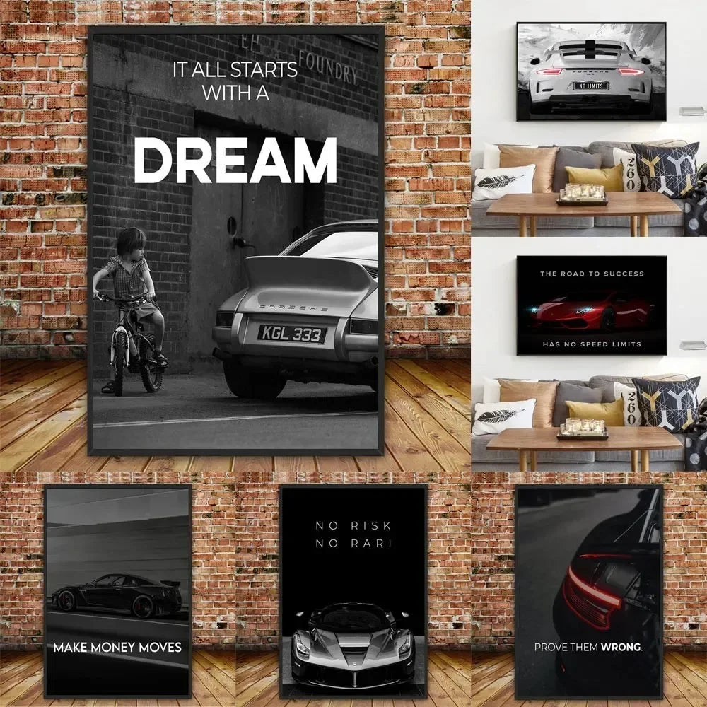 Wandbild „Chase Your Dreams“ – Luxus Sportwagen Poster auf Leinwand, Motivationsbild für Männerzimmer & Wohnzimmer