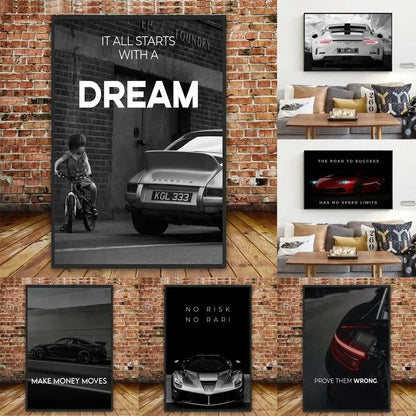 Wandbild „Chase Your Dreams“ – Luxus Sportwagen Poster auf Leinwand, Motivationsbild für Männerzimmer & Wohnzimmer