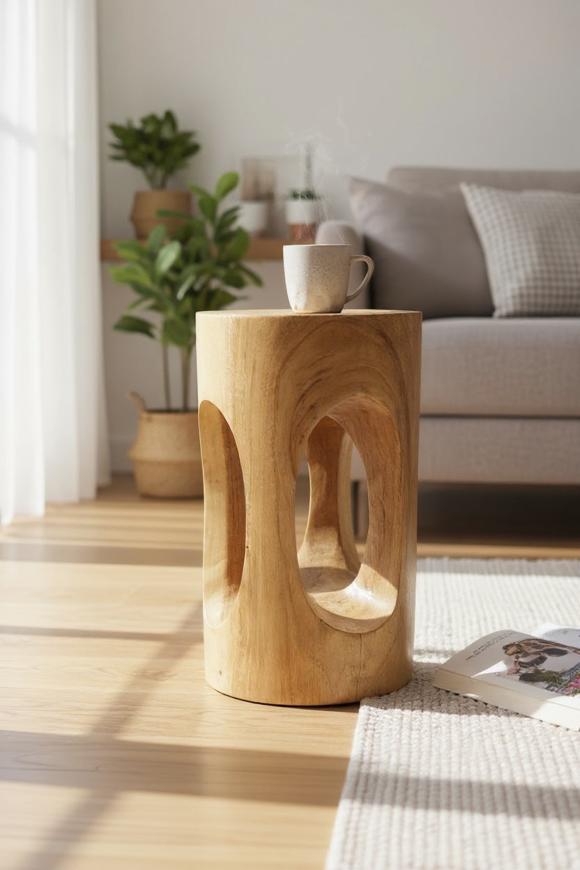 Holz Beistelltisch - Holzhocker Blumenhocker Hocker - Handgefertigt - Rund mit O-Ausschnitt Saman-Holz - 50x30x30 cm