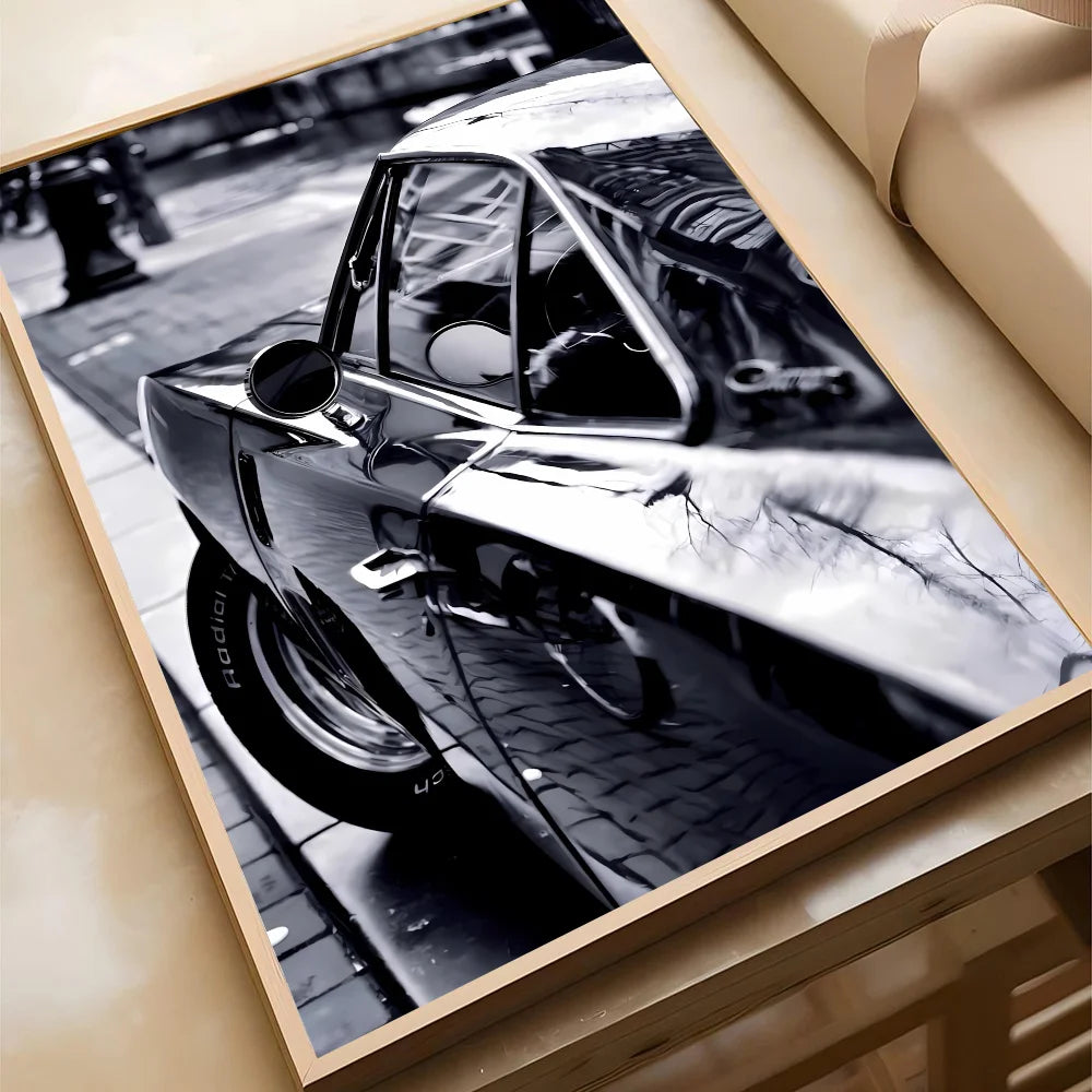 Schwarz-Weiß Poster – Legendäre Autos | Stilvolle Wanddekoration für Wohnzimmer, Schlafzimmer oder Café