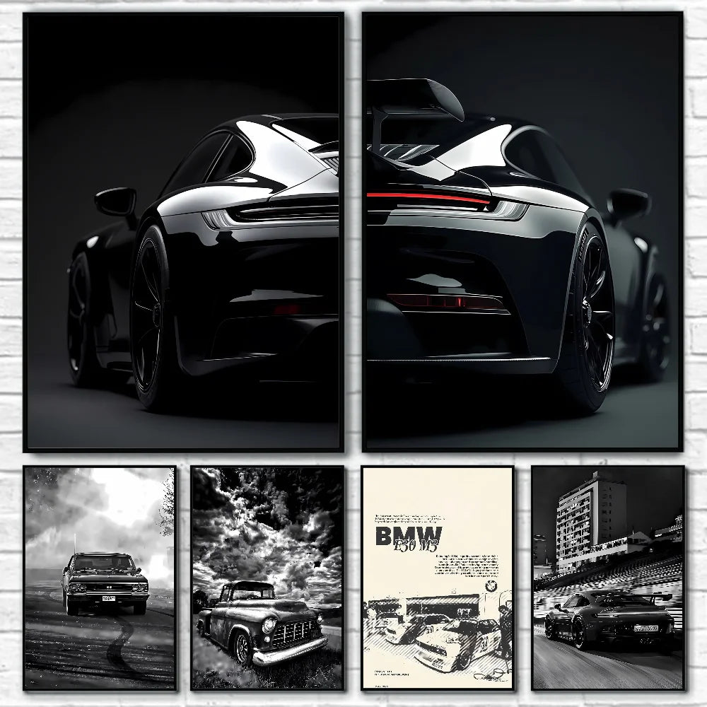 Schwarz-Weiß Poster – Legendäre Autos | Stilvolle Wanddekoration für Wohnzimmer, Schlafzimmer oder Café