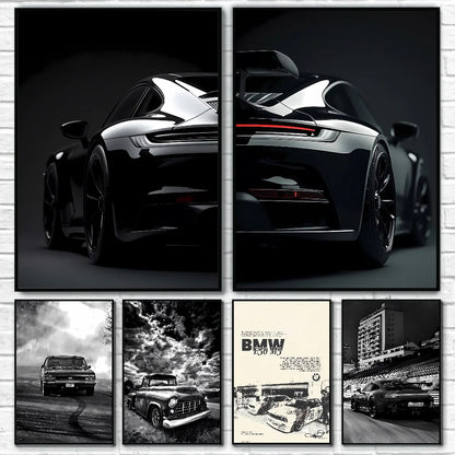 Schwarz-Weiß Poster – Legendäre Autos | Stilvolle Wanddekoration für Wohnzimmer, Schlafzimmer oder Café