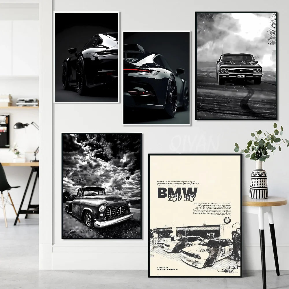 Schwarz-Weiß Poster – Legendäre Autos | Stilvolle Wanddekoration für Wohnzimmer, Schlafzimmer oder Café