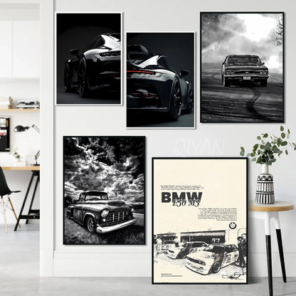 Schwarz-Weiß Poster – Legendäre Autos | Stilvolle Wanddekoration für Wohnzimmer, Schlafzimmer oder Café