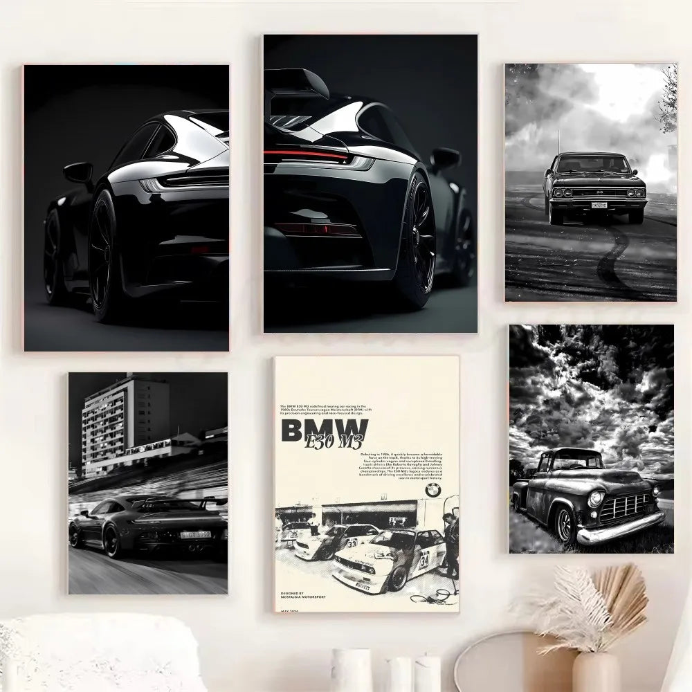 Schwarz-Weiß Poster – Legendäre Autos | Stilvolle Wanddekoration für Wohnzimmer, Schlafzimmer oder Café