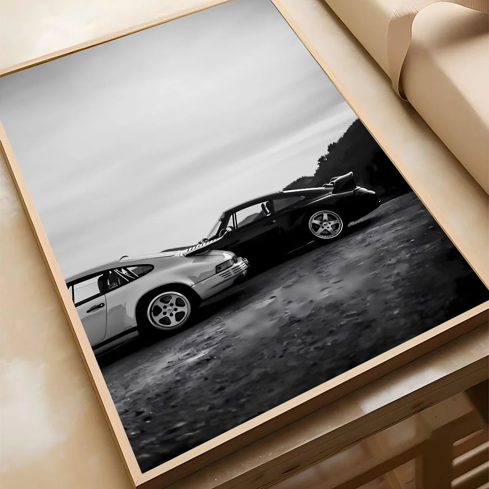 Schwarz-Weiß Poster – Legendäre Autos | Stilvolle Wanddekoration für Wohnzimmer, Schlafzimmer oder Café