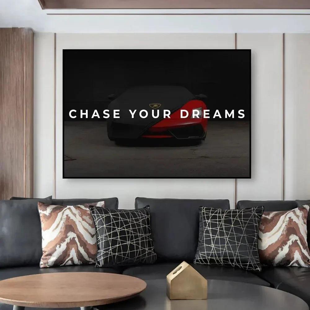 Wandbild „Chase Your Dreams“ – Luxus Sportwagen Poster auf Leinwand, Motivationsbild für Männerzimmer & Wohnzimmer